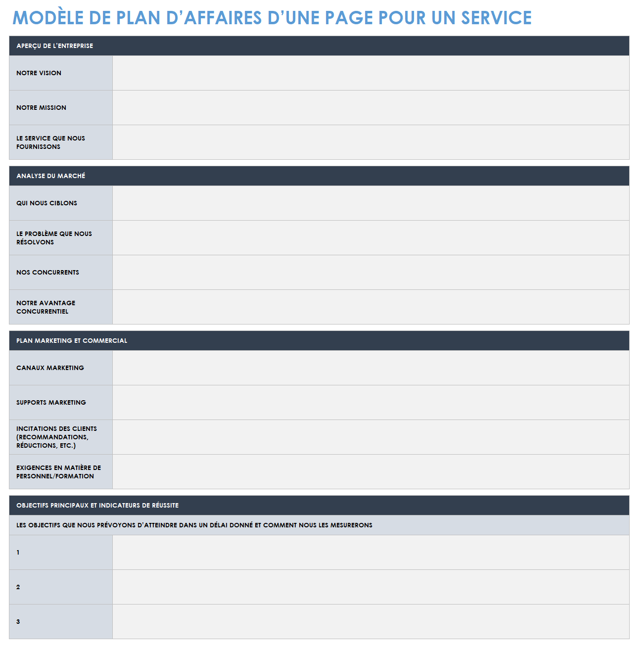 Plan d'affaires d'une page pour un service