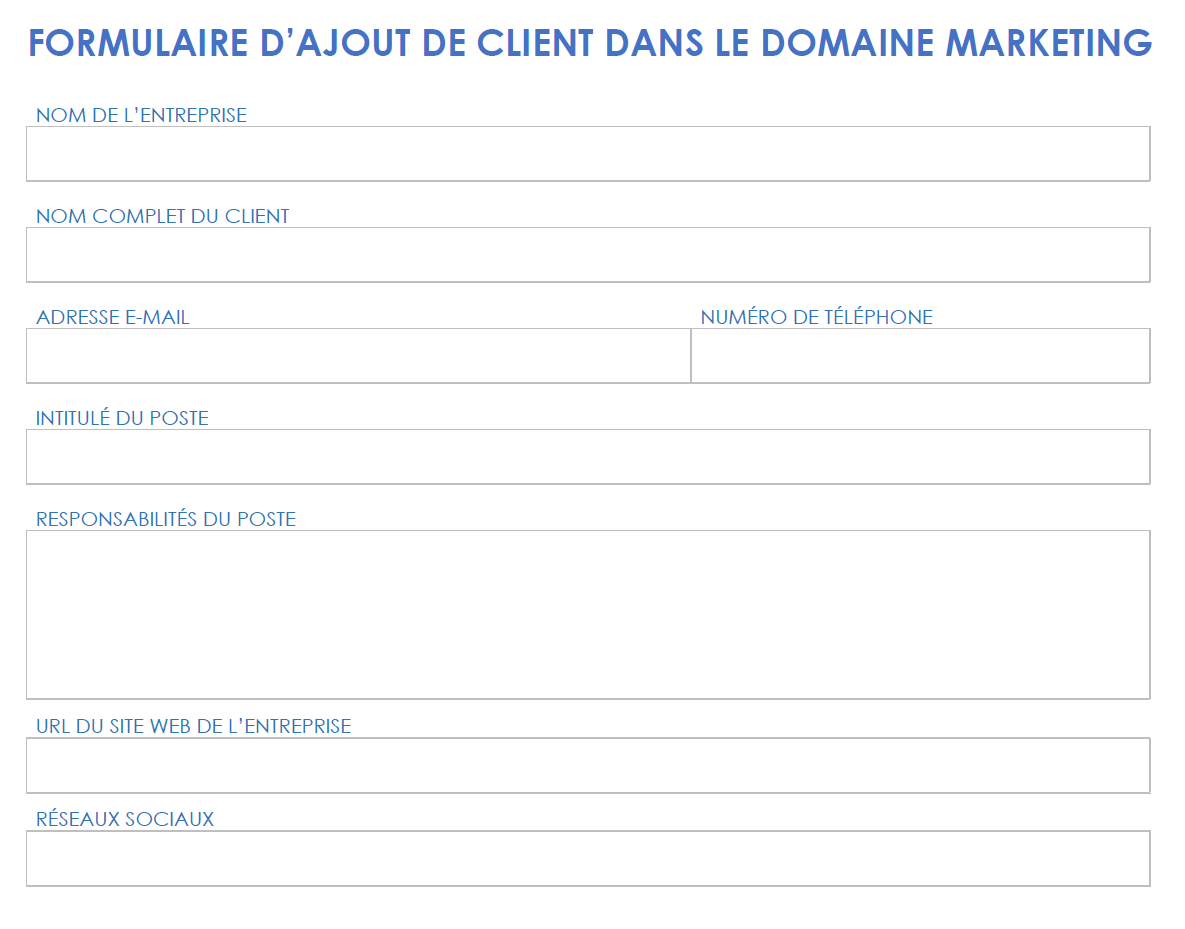 Formulaire d'admission des clients marketing