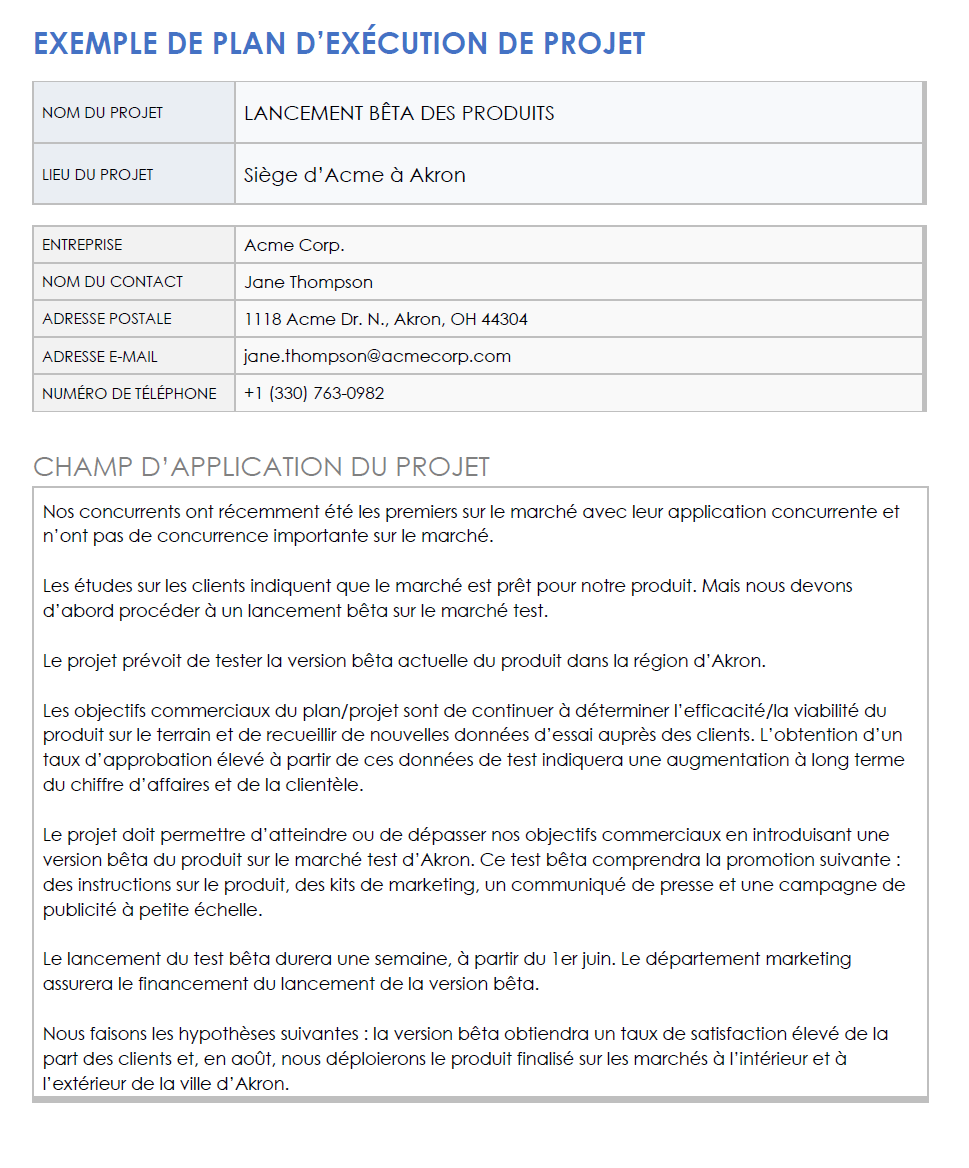  exemple de modèle de plan d'exécution de projet