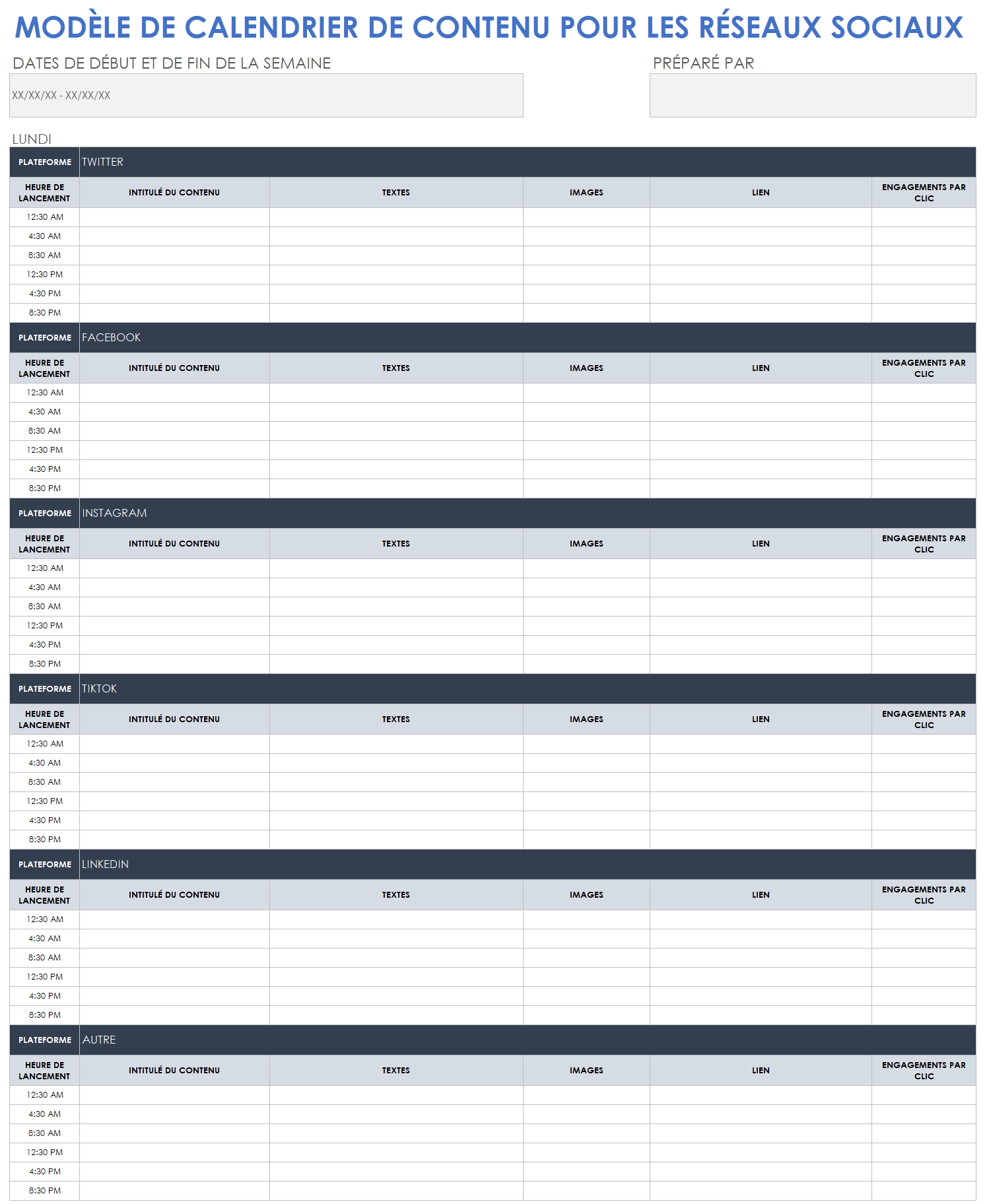  Modèle de calendrier de contenu de médias sociaux