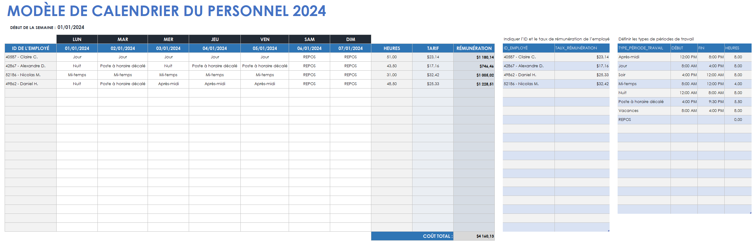  Modèle de calendrier des employés 2024 Google Sheets