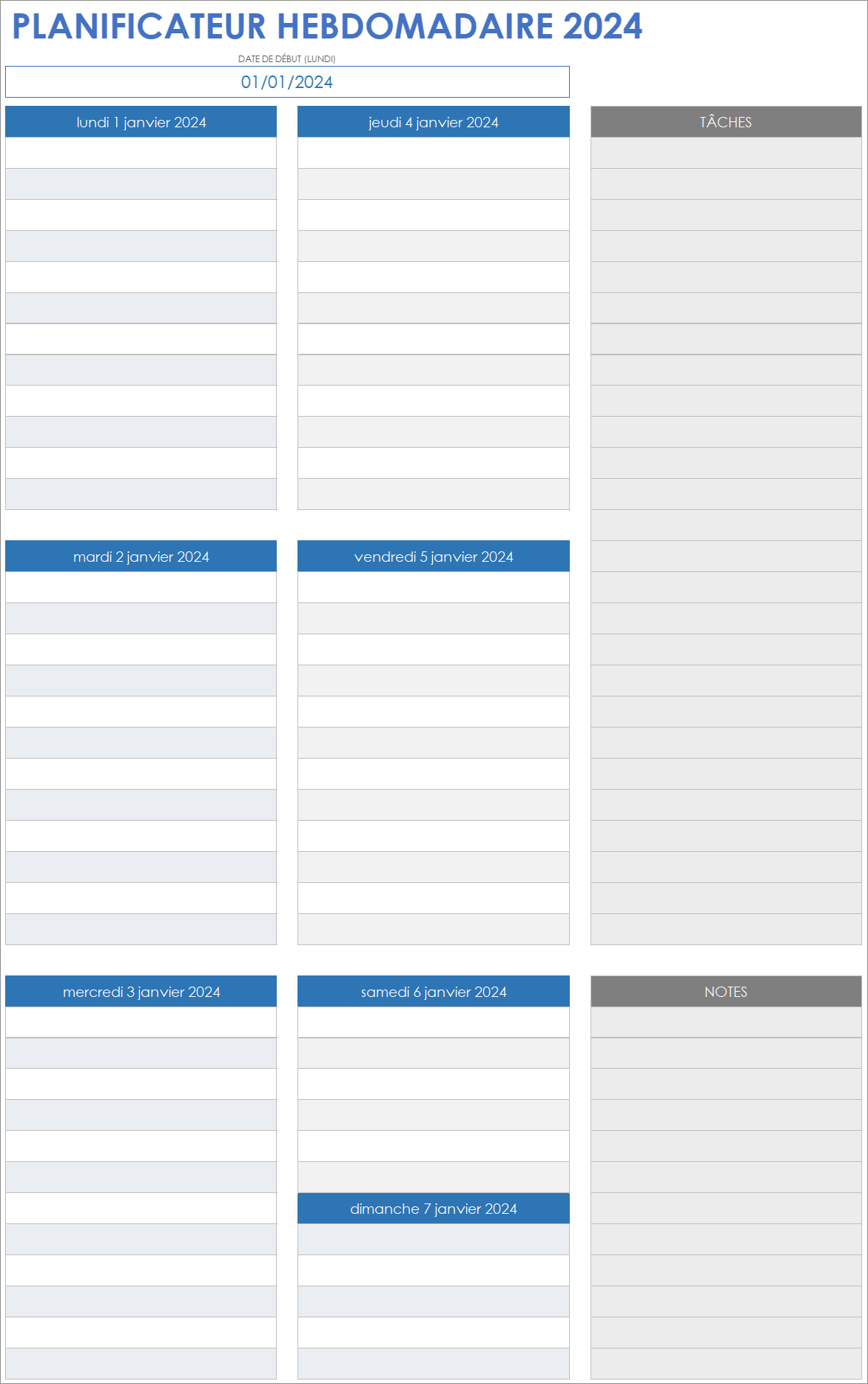  Modèle de planificateur hebdomadaire 2024 Google Sheets