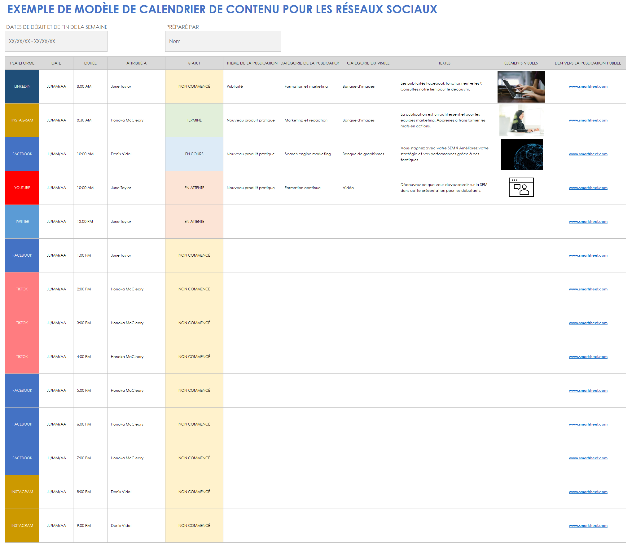  Modèle d'exemple de calendrier de contenu de médias sociaux