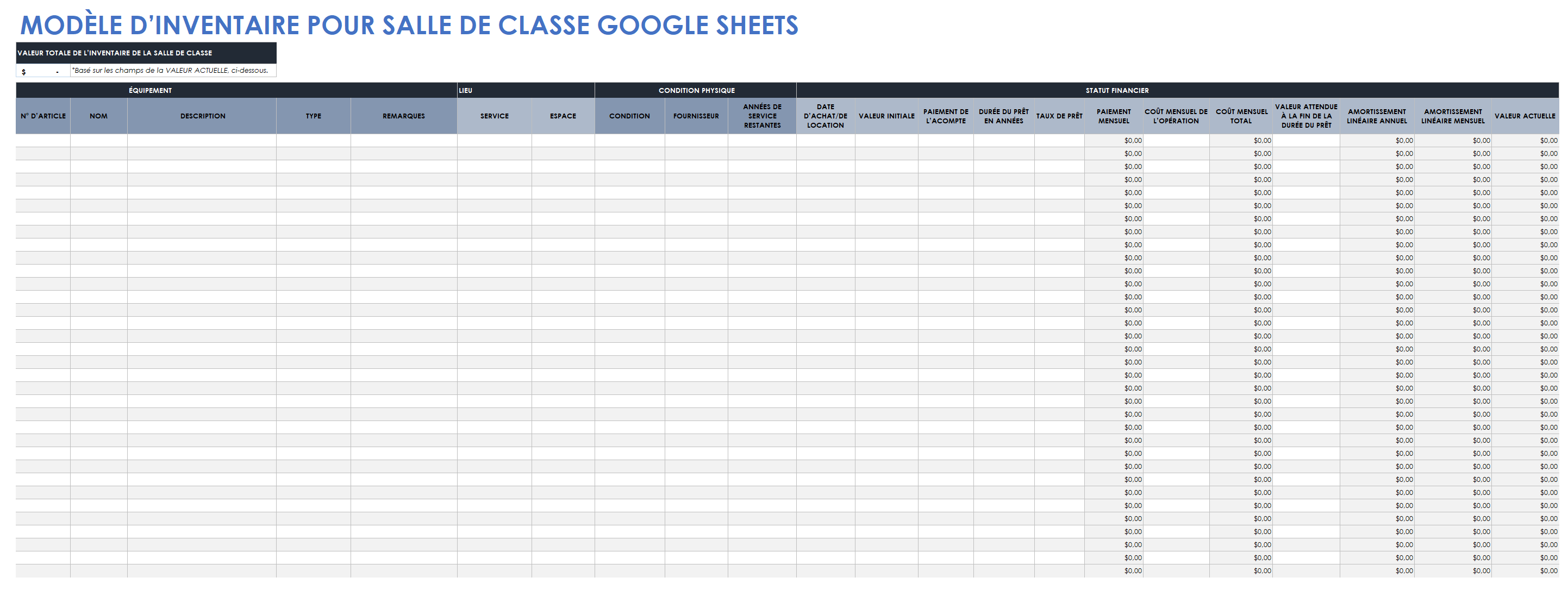 Modèle d'inventaire de classe sur Google Sheets