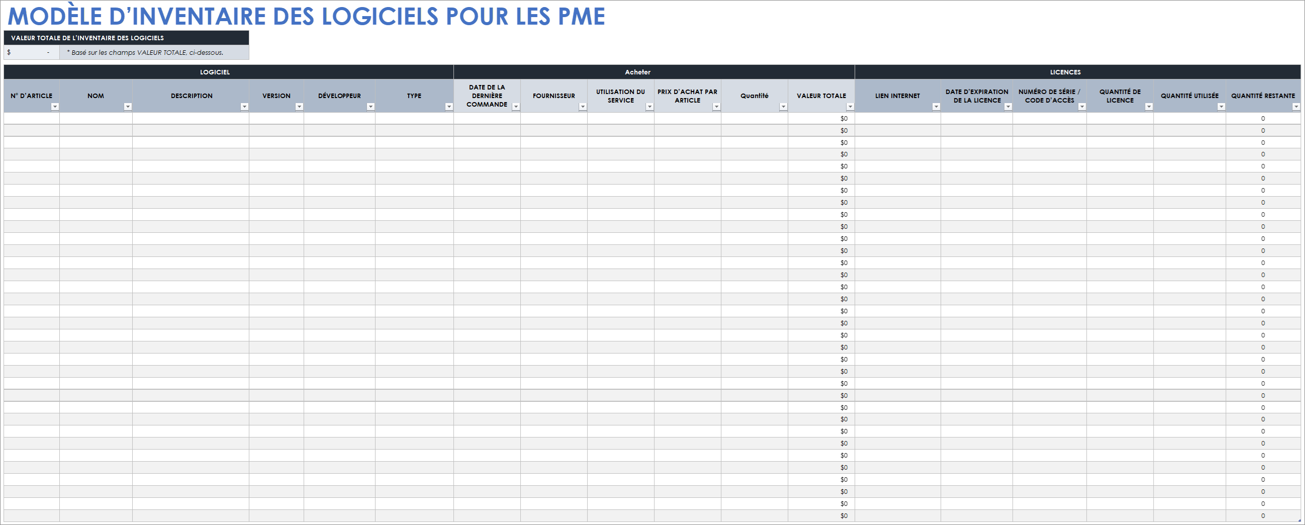  Modèle d'inventaire de logiciels pour petites entreprises