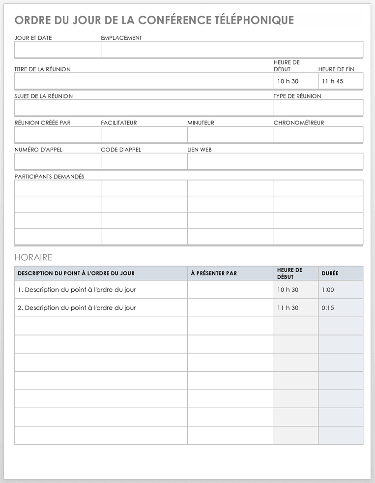 Modèle d'ordre du jour de la conférence téléphonique