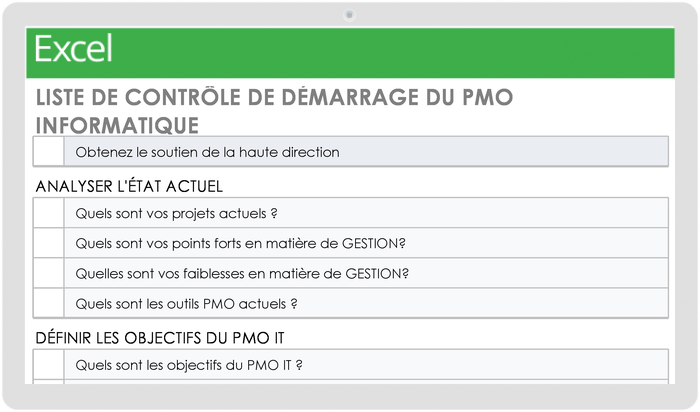 Liste de contrôle de démarrage du PMO informatique