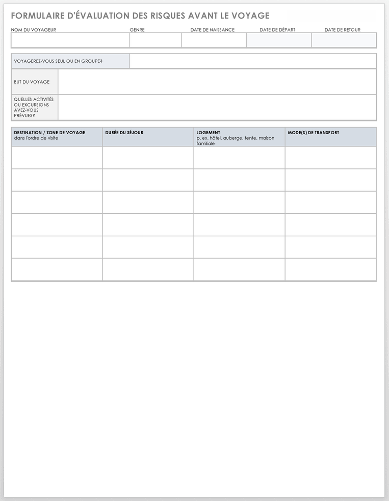 Formulaire d'évaluation des risques avant le voyage