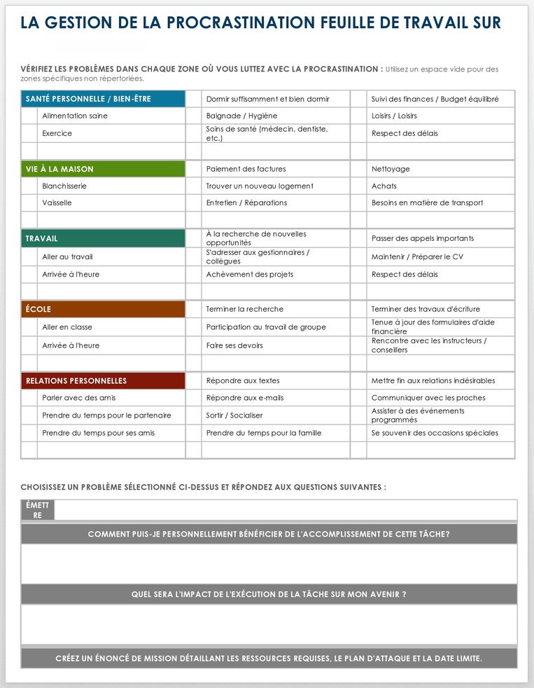 FICHE DE TRAVAIL SUR LA GESTION DE LA PROCRASTINATION