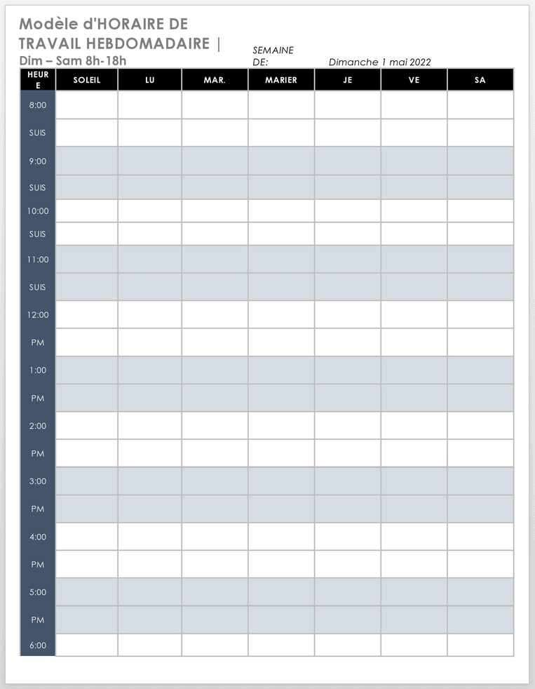 Modèle d'horaire hebdomadaire du dimanche au samedi de 20h à 18h