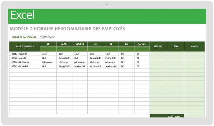 Modèle d'horaire hebdomadaire des employés mis à jour